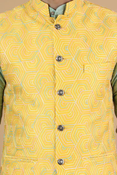 Digital Print Cotton Silk Green Modi Nehru Jacket & Kurta pyjama Set