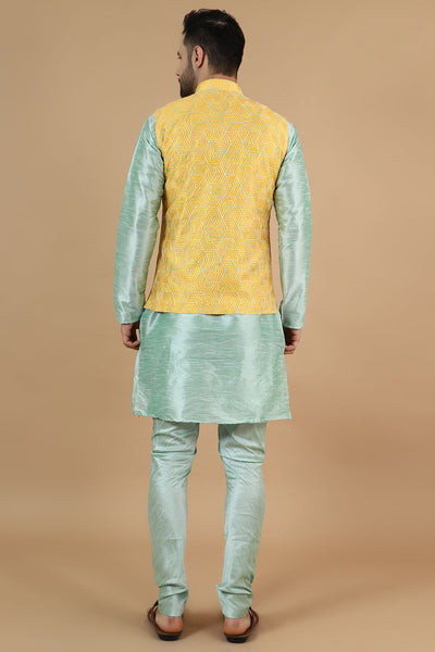 Digital Print Cotton Silk Green Modi Nehru Jacket & Kurta pyjama Set