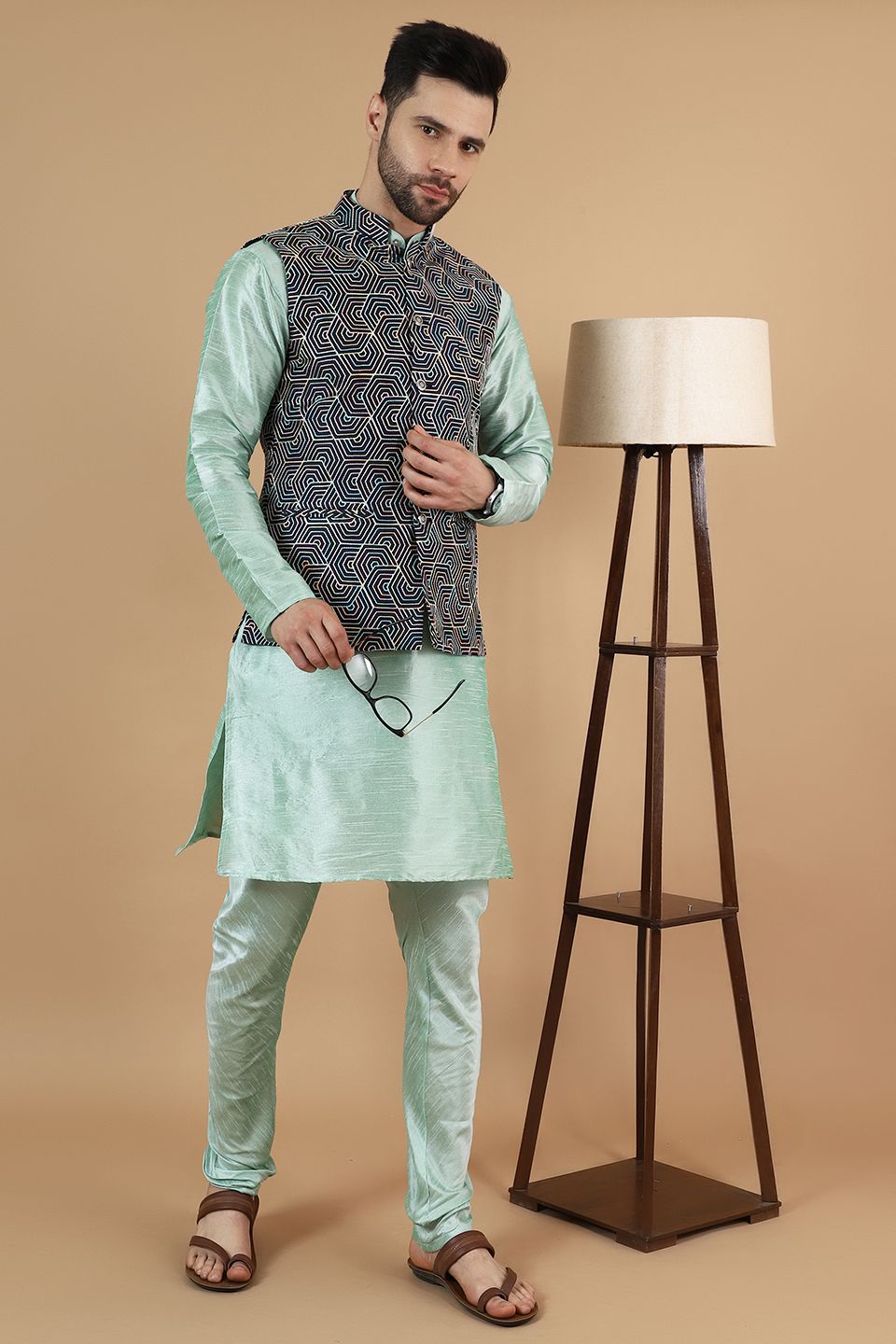 Modi Pyjama Wintage Men'sDigital Print Cotton Silk Green Modi Nehru Jacket & Kurta ...