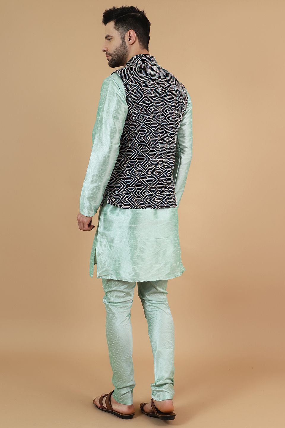 Digital Print Cotton Silk Green Modi Nehru Jacket & Kurta pyjama Set