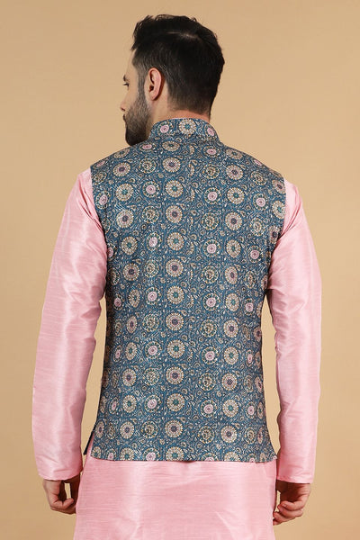 Digital Print Cotton Silk Blue Modi Nehru Jacket