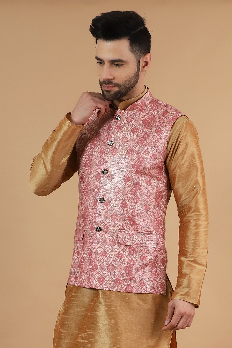 Digital Print Cotton Silk Pink Modi Nehru Jacket