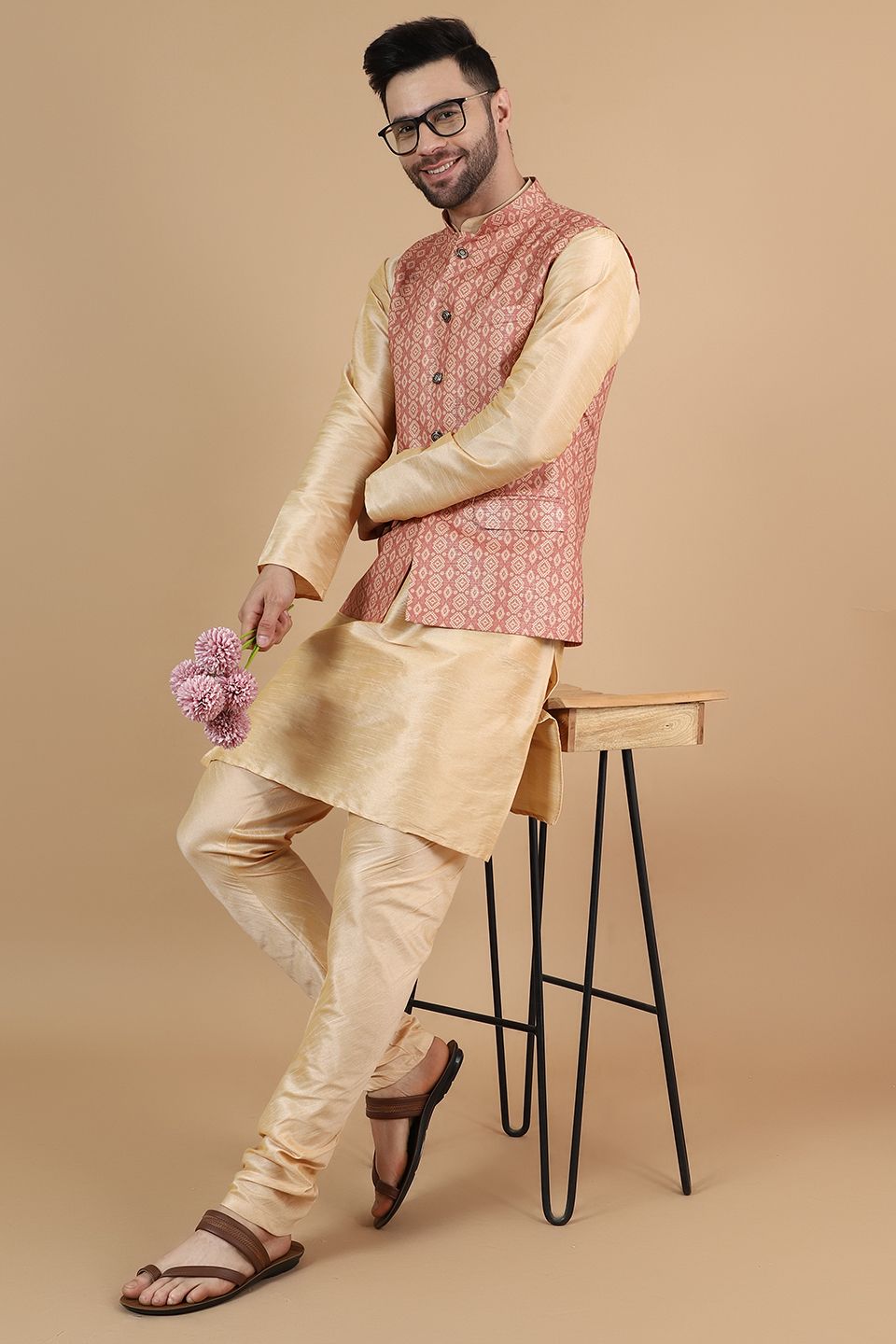 Modi Pyjama Wintage Men'sDigital Print Cotton Silk Gold Modi Nehru Jacket & Kurta ...