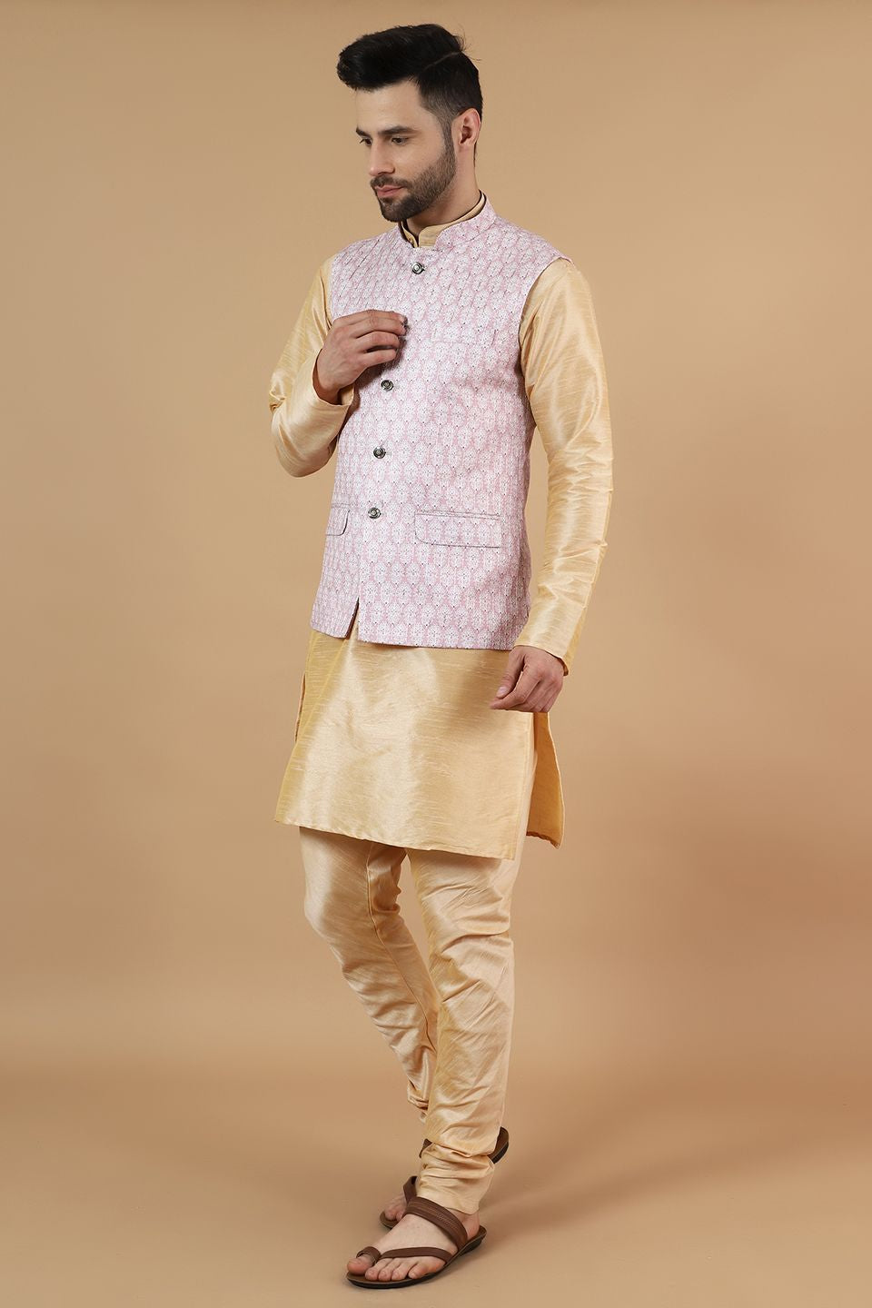 Wintage Men'sDigital Print Cotton Silk Gold Modi Nehru Jacket & Kurta ...