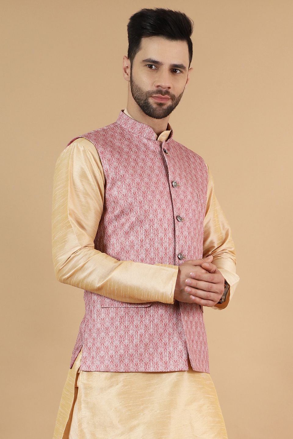 Digital Print Cotton Silk Pink Modi Nehru Jacket