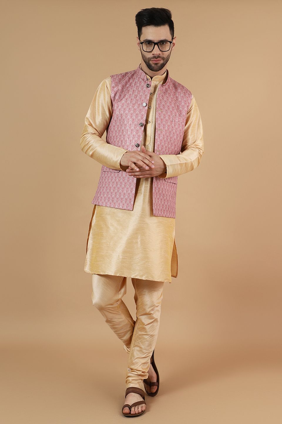 Modi Pyjama Wintage Men'sDigital Print Cotton Silk Gold Modi Nehru Jacket & Kurta ...