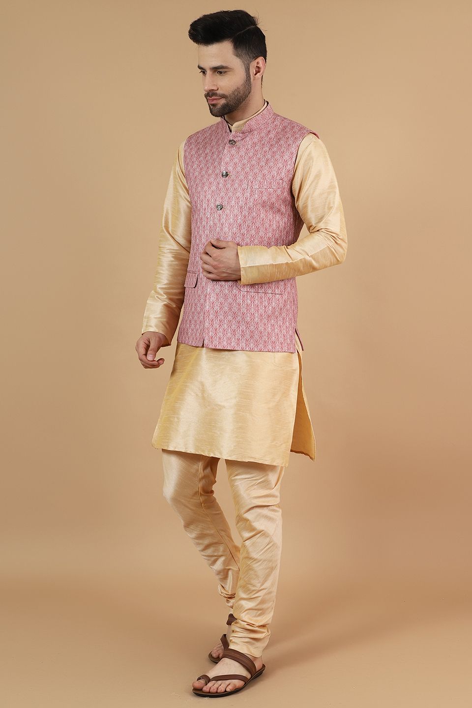 Digital Print Cotton Silk Gold Modi Nehru Jacket & Kurta pyjama Set
