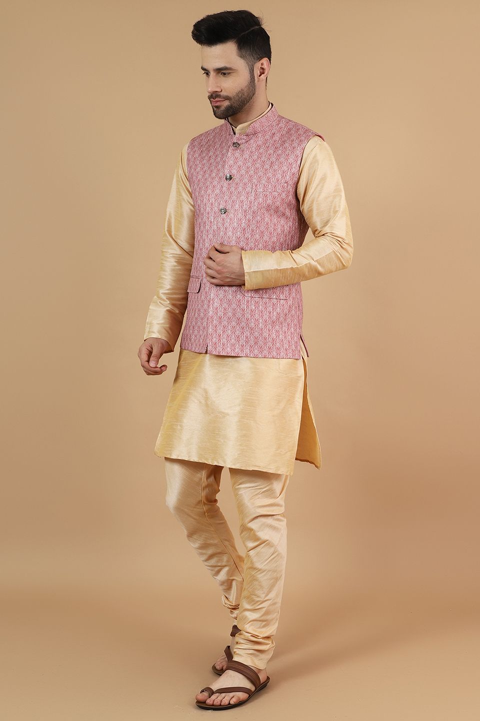 Modi Pyjama Wintage Men'sDigital Print Cotton Silk Gold Modi Nehru Jacket & Kurta ...