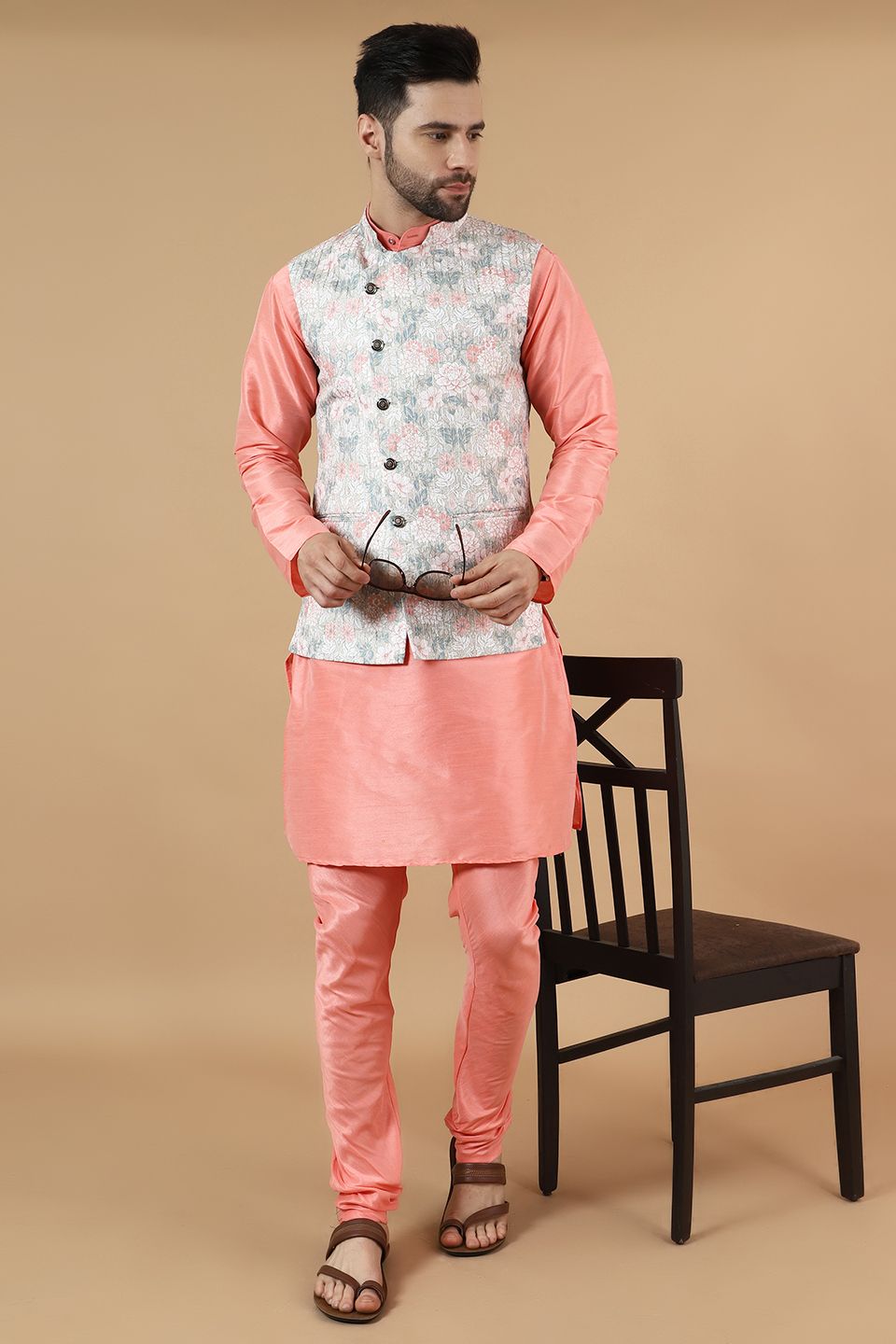 Digital Print Cotton Silk Pink 1 Modi Nehru Jacket & Kurta pyjama Set