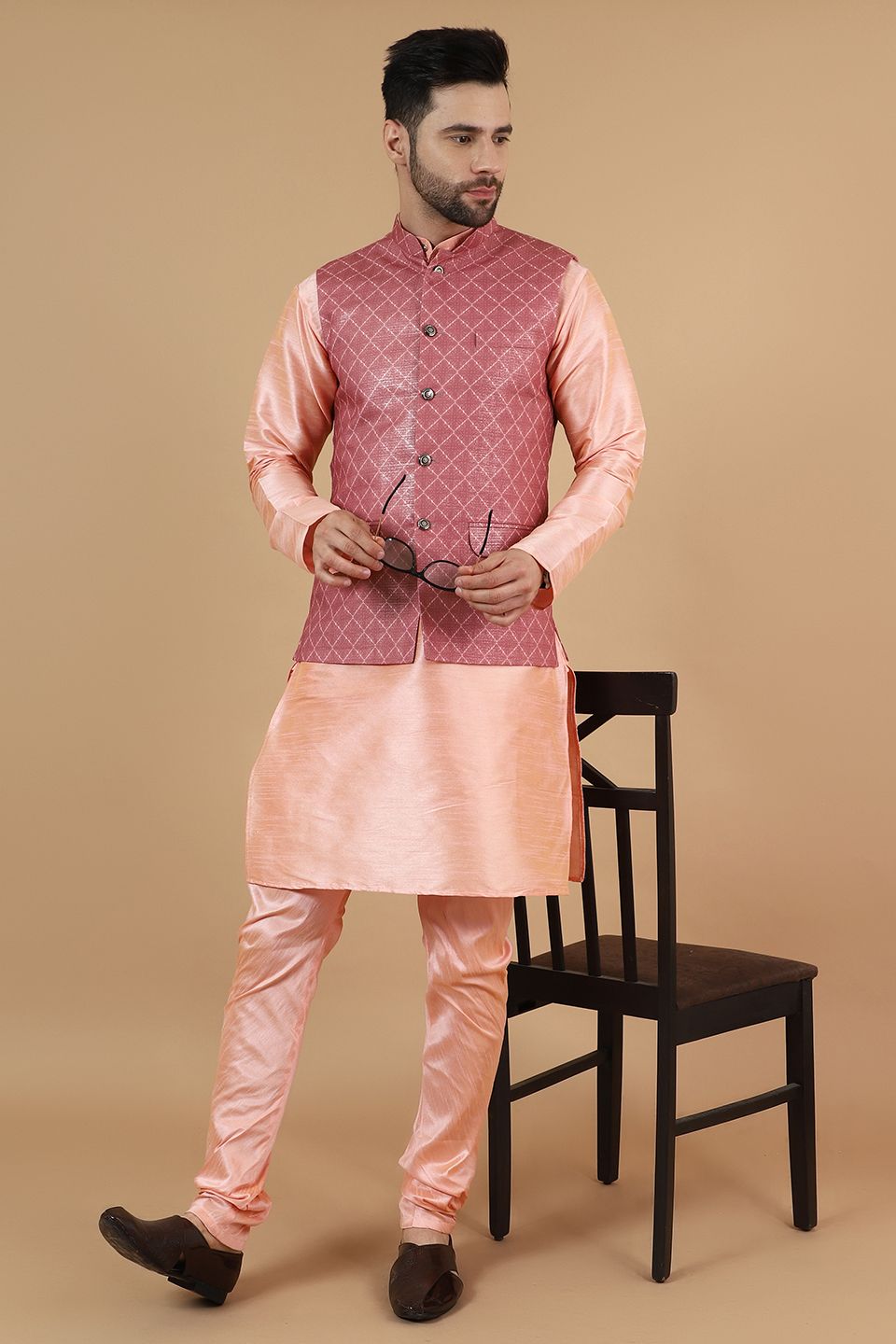 Digital Print Cotton Silk Pink Modi Nehru Jacket & Kurta pyjama Set