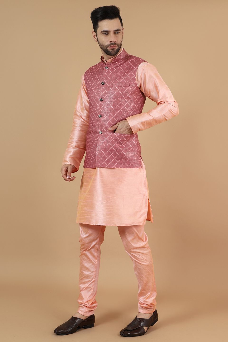 Digital Print Cotton Silk Pink Modi Nehru Jacket & Kurta pyjama Set