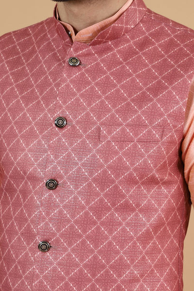 Digital Print Cotton Silk Pink Modi Nehru Jacket & Kurta pyjama Set