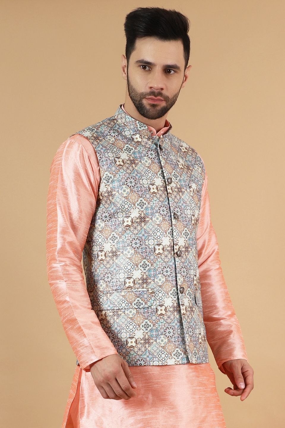 Wintage Men's Digital Print Cotton Silk Grey Modi Nehru Jacket : Grey ...