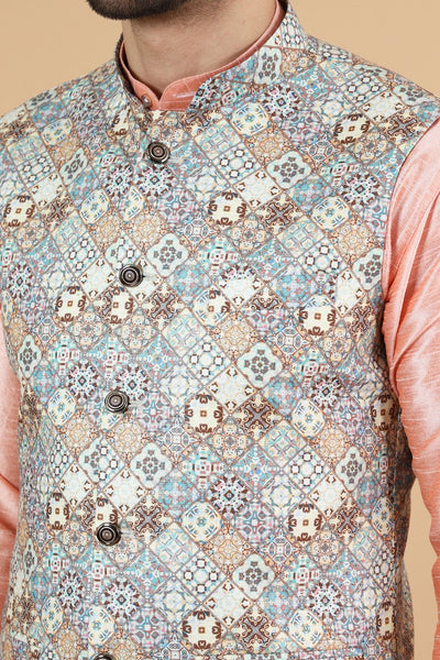 Modi Pyjama Wintage Men'sDigital Print Cotton Silk Pink Modi Nehru Jacket & Kurta ...