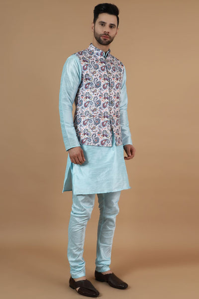 Digital Print Cotton Silk Blue Modi Nehru Jacket & Kurta pyjama Set