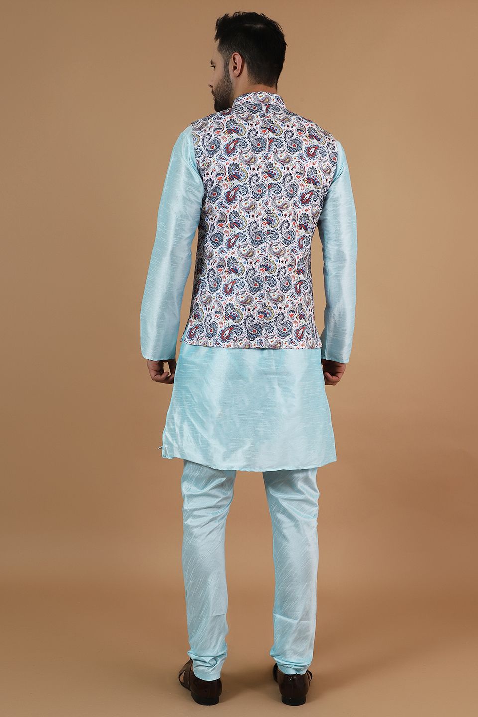 Digital Print Cotton Silk Blue Modi Nehru Jacket & Kurta pyjama Set