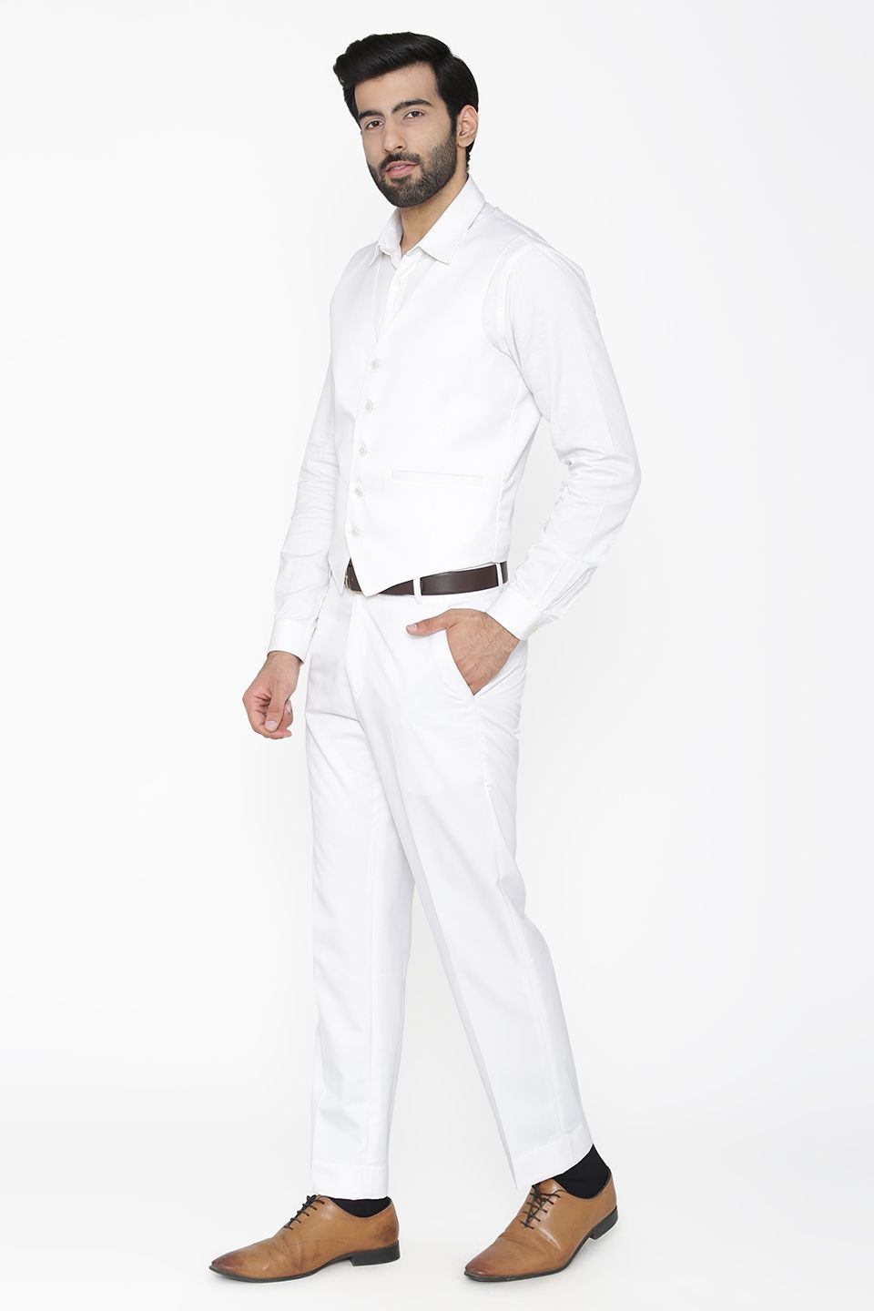 Wintage Men's Polyester Cotton and Evening Vest Pant Set: White