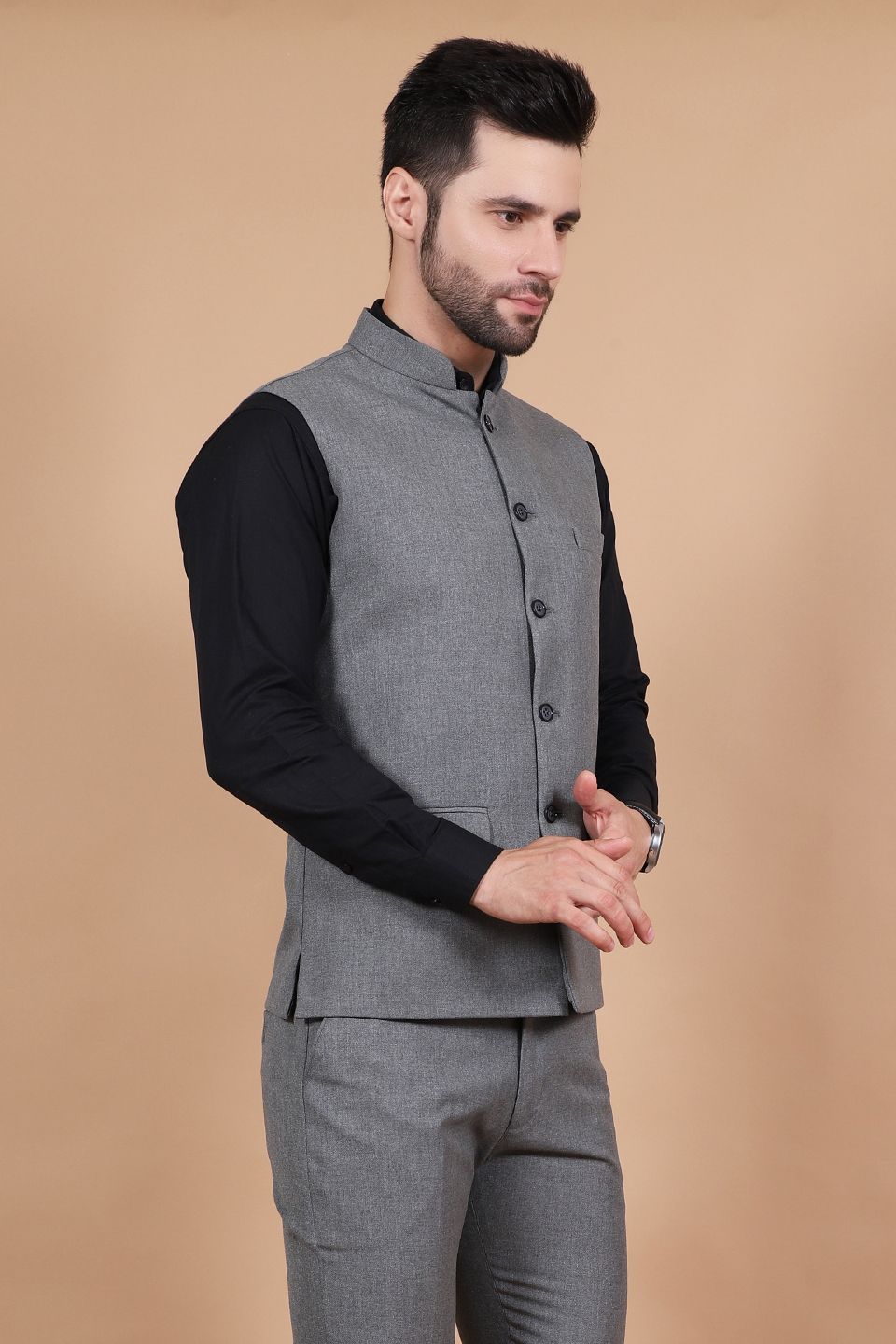 Polyester Cotton Grey Vest and Trouser Set