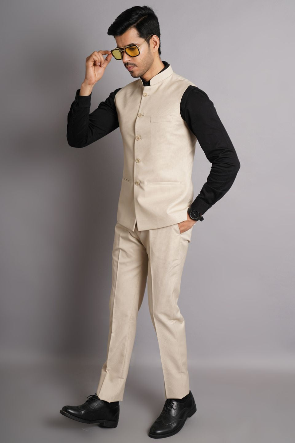 Poly Viscose Beige Solid Vest and Trouser Set