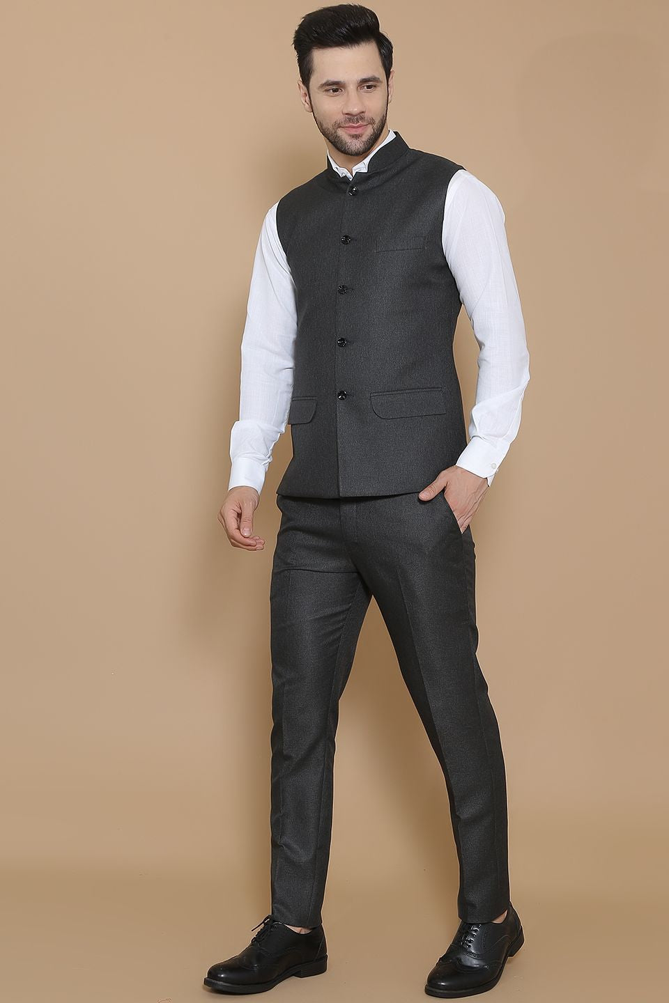 Poly Viscose Black Vest and Trouser Set