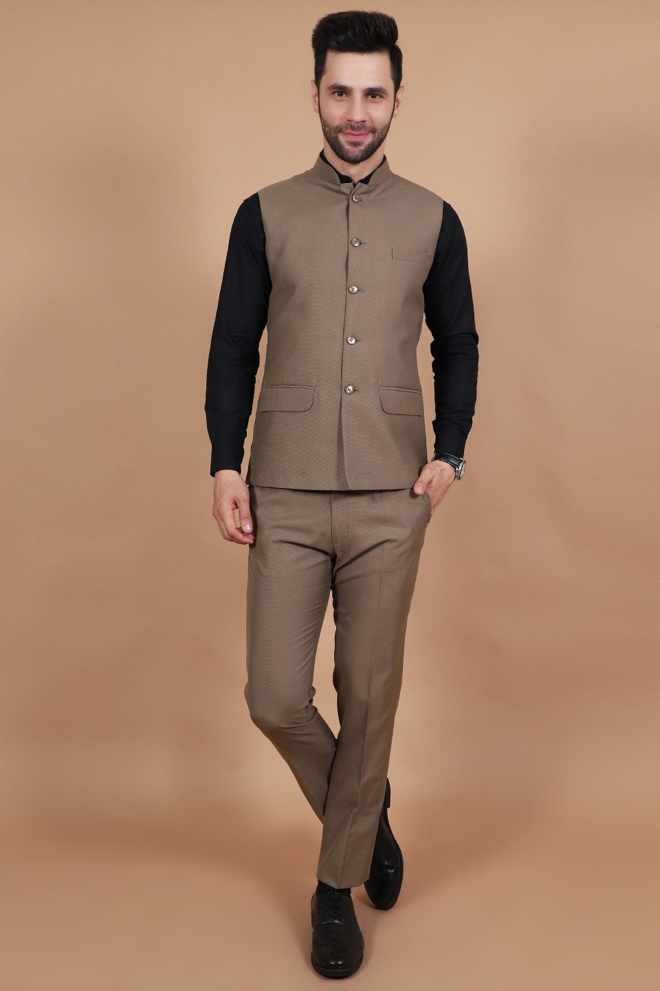 Polyester Cotton Brown Vest and Trouser Set