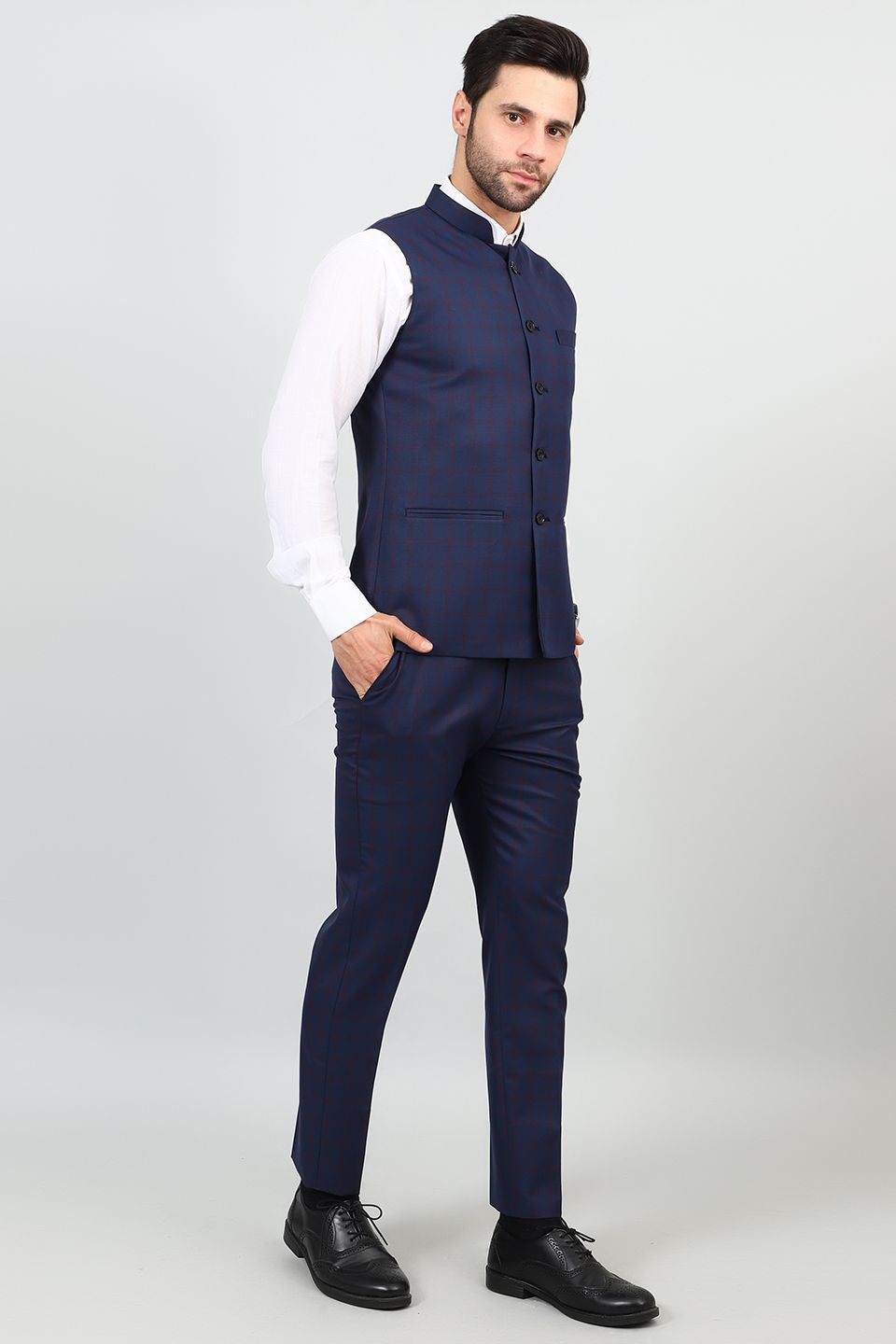 Poly Viscose Blue Vest and Trouser Set