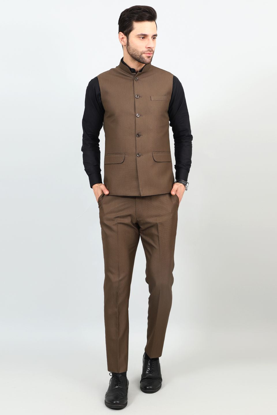 Poly Viscose Brown Vest and Trouser Set