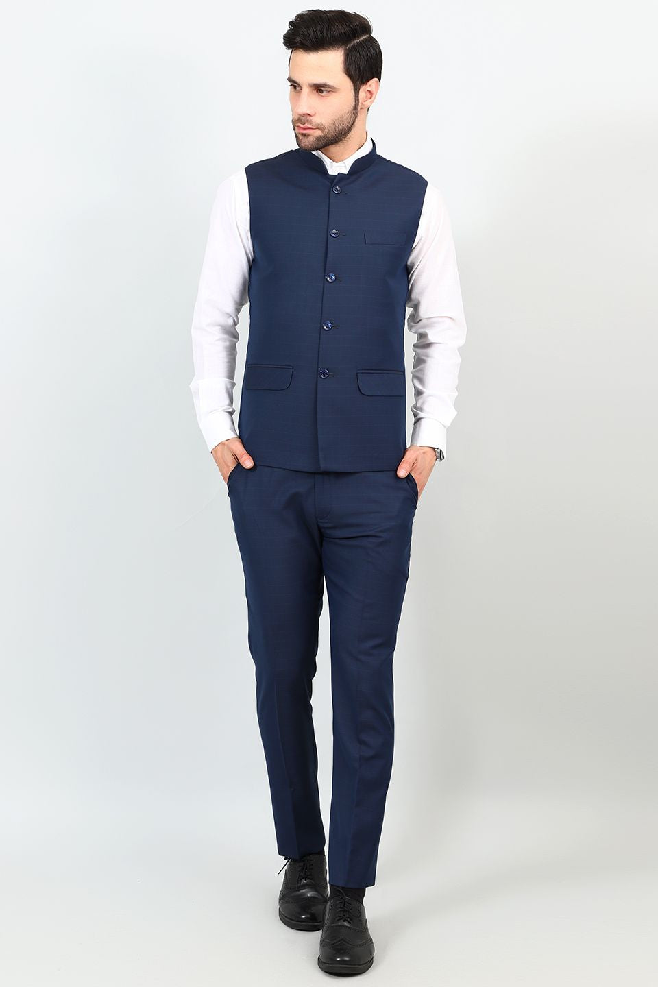 Poly Viscose Blue Vest and Trouser Set