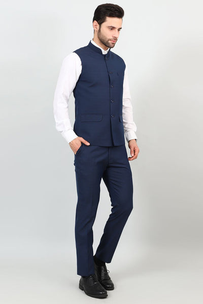 Poly Viscose Blue Vest and Trouser Set