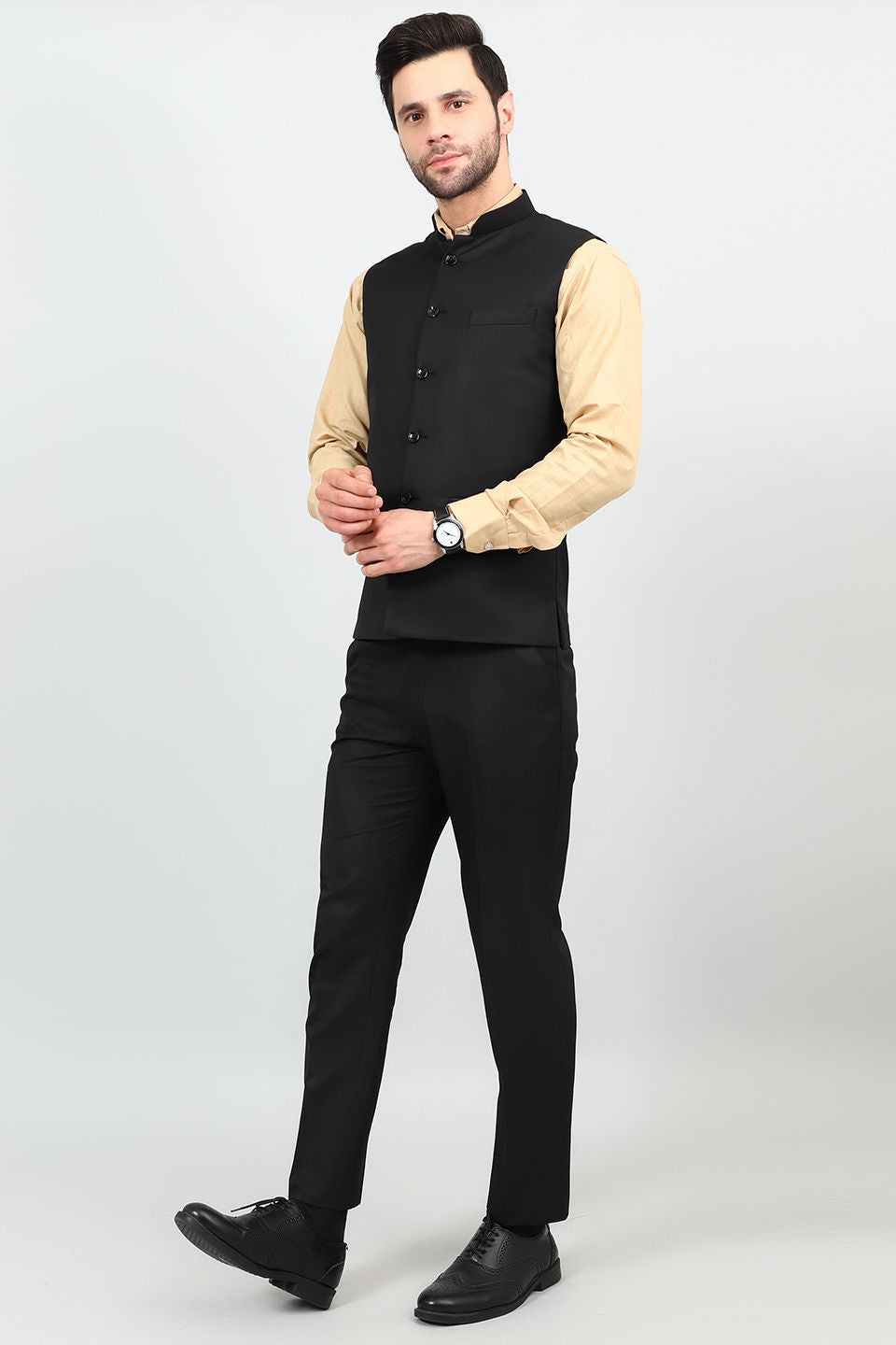 Poly Viscose Black Vest and Trouser Set