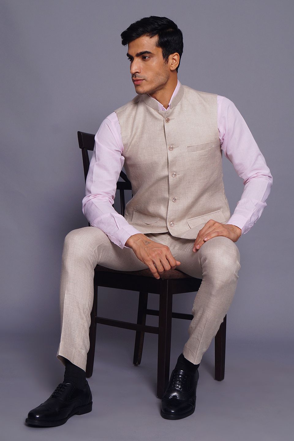 Wintage Men's Pure Linen  Vest & Pant Set: Cream