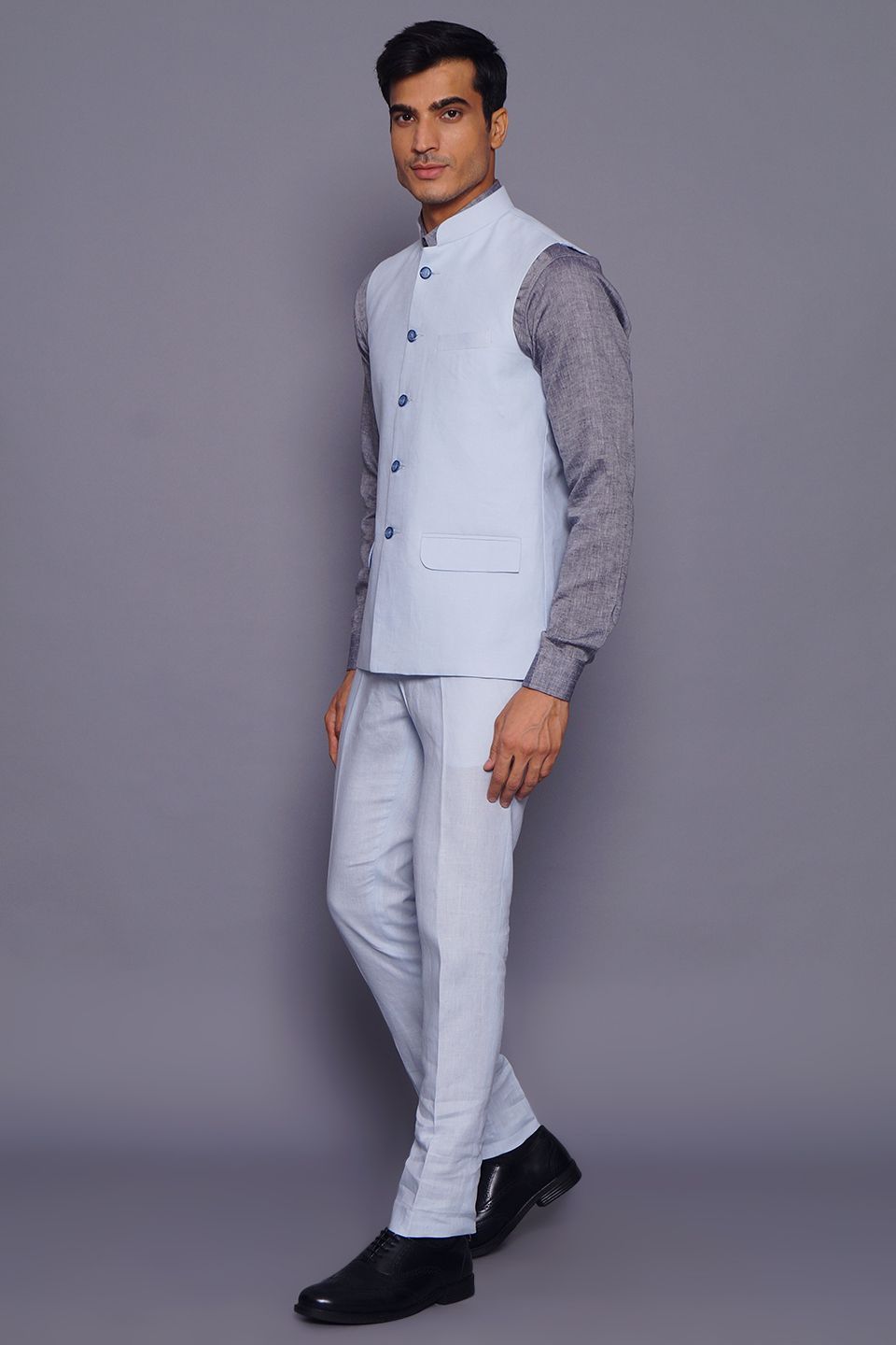 Wintage Men's Pure Linen Vest Pant Set: Sky Blue